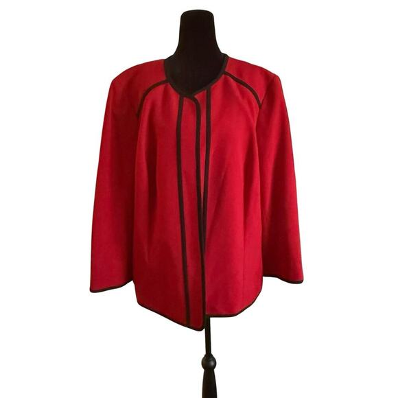 Kasper Women’s Blazer Jacket 20W Fire Red Black Trim Open Front Career Plus Size - Picture 1 of 9